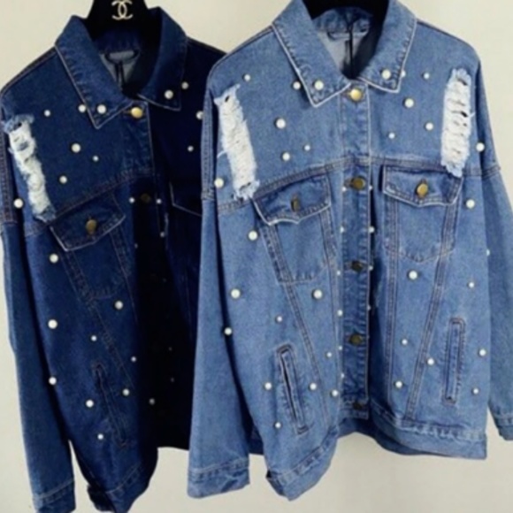  Distressed Pearl Bead Jean Denim Vintage Jacket - Picture 5 of 8